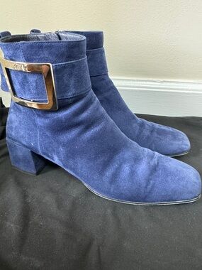 Roger Vivier Navy Suede Ankle Boots with Gold Buckle